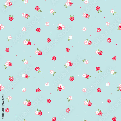 Vintage floral pattern print for paper or fabric. Red and white shabby chic flowers on blue background seamless pattern.