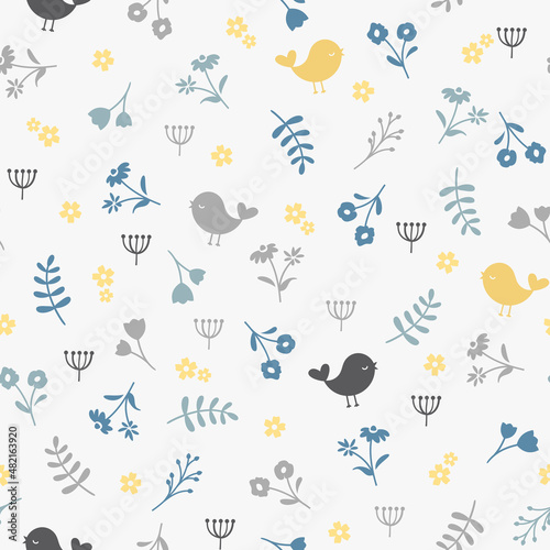 Bird and flower colorful seamless pattern. Floral vector print design.