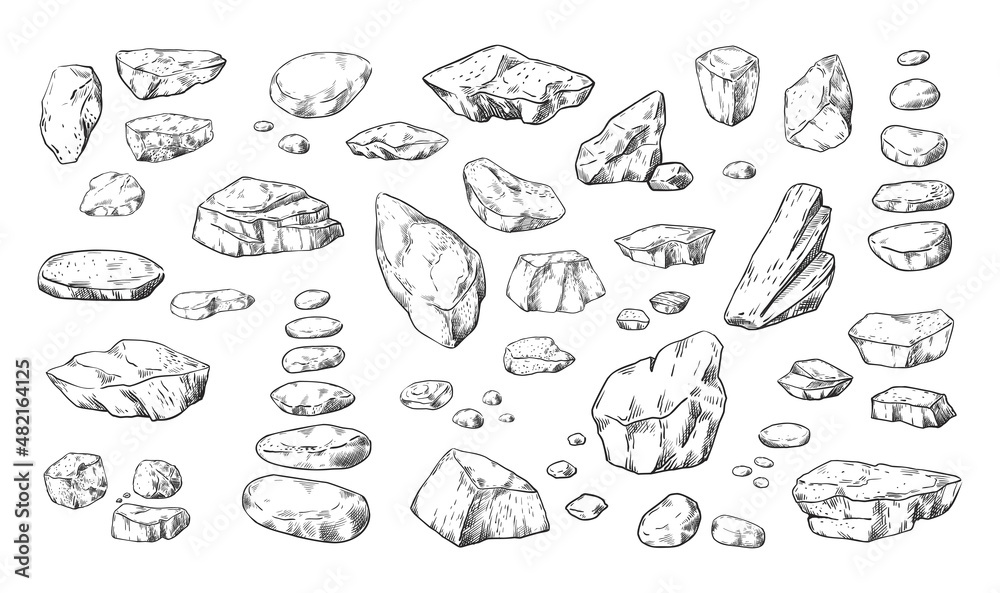 Stones sketch. Hand drawn pebble and boulders in piles. Outline doodle rock structure. Natural material. Cobblestone shapes. Isolated geological elements. Vector granite rubbles set