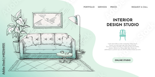 Interior furniture landing page. Website with hand drawn couch, home plant, paintings and table. Sofa and lamp. Apartment decorating online service interface. Vector room furnishing banner
