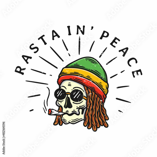 dreadlocks rasta skull illustration smoking and wearing a hat in vintage style photo