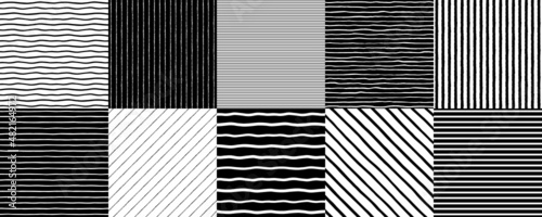 Seamless stripes patterns set, collection. Even, uneven streaks, strips, bars, wavy lines, doodle style waves, pinstripes backgrounds. Black and white hand, brush, chalk drawn striped templates. 