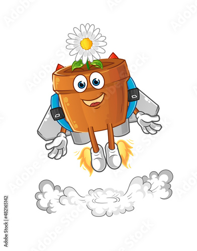 flower pot with jetpack mascot. cartoon vector