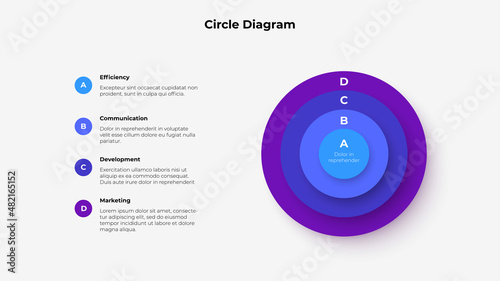 Four colorful circle elements with letters. Concept of layers business model. Creative infographic presentation. Vector illustration with 4 steps