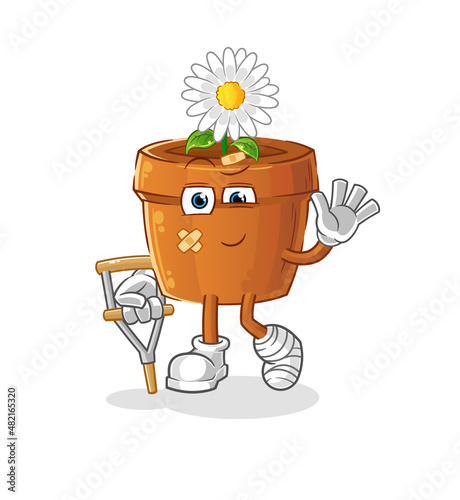 flower pot sick with limping stick. cartoon mascot vector