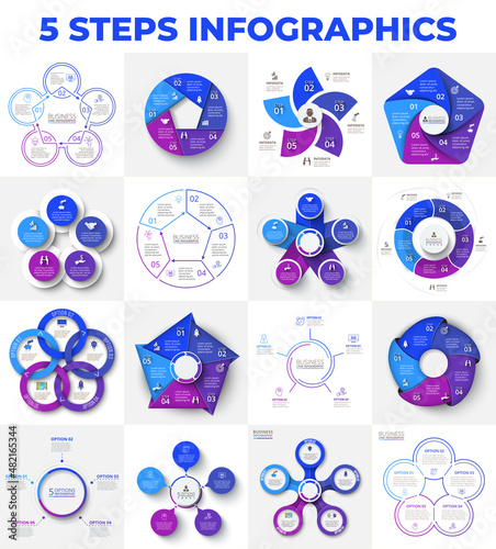 Set of 16 infographic elements with 5 options. Process diagrams, line, cycle chart and hexagons. Vector illustration for business information visualization