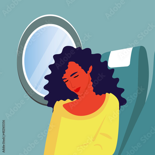 The woman travels by plane. The passenger enjoys the trip, sleeps. The concept of a safe flight. Vector illustration of a cartoon character.