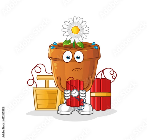 flower pot holding dynamite character. cartoon mascot vector