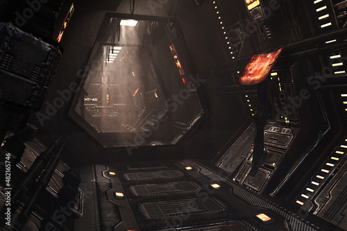 Fototapeta Naklejka Na Ścianę i Meble -  Dark atmospheric corridor in a futuristic space ship  or station. Science fiction concept 3D illustration.