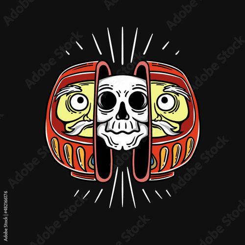 illustration of a split daruma doll with a skull inside