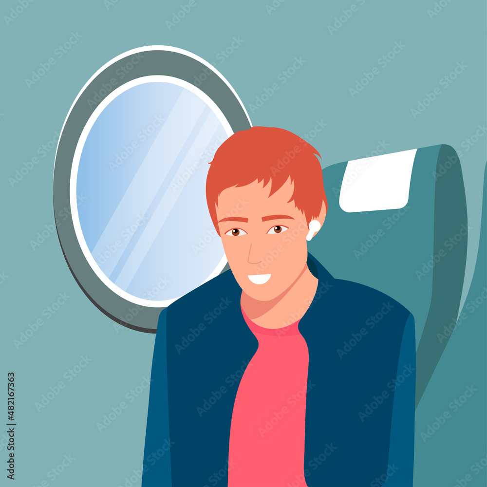 © Анна Ширяева - The guy travels by plane. The passenger is enjoying the ride, listening to music or a podcast on headphones. The concept of a safe flight. Vector illustration of a cartoon character.