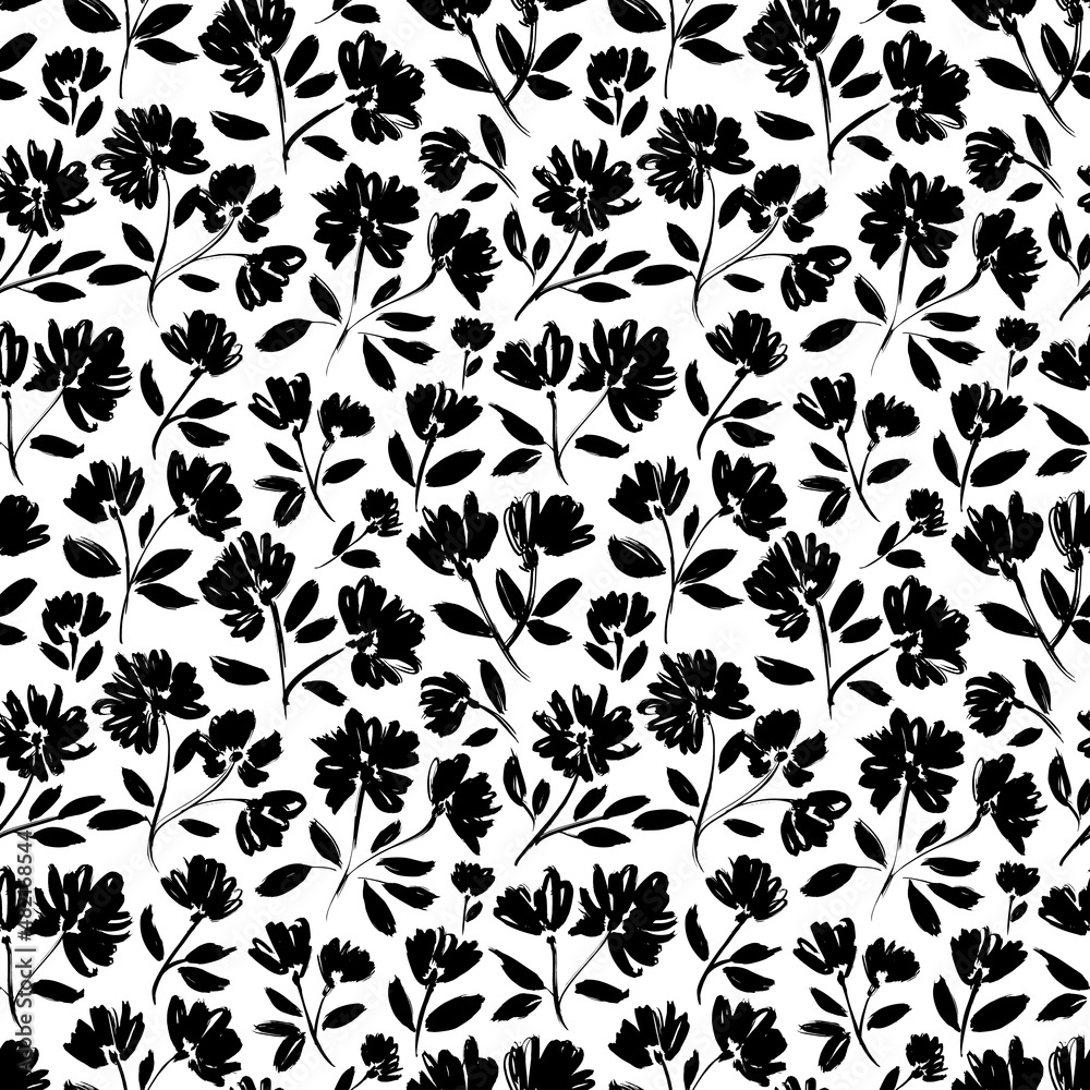 Plain floral drawing seamless pattern. Silhouettes of blooming black flowers. Elegant botanical pattern made of spring flowers. Hand drawn fabric, gift wrap, wall design. Nature ornament for textile Plain floral drawing seamless pattern. Silhouettes of blooming black flowers. Elegant botanical pattern made of spring flowers. Hand drawn fabric, gift wrap, wall design. Nature ornament for textile
