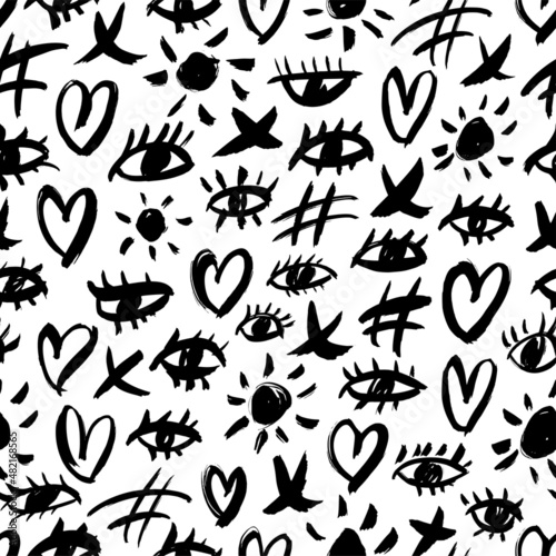 Hand drawn various eyes, hashtags, heart symbols. Seamless pattern with vector doodle element. Modern hand drawn background in memphis style. Black and white ornament with feminine icons.