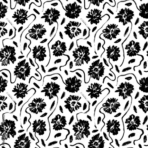 Brush black loose leaves and flowers vector seamless pattern. Vintage floral ornament. Botanical vector pattern for design and prints. Hand drawn black paint ink illustration with abstract flowers