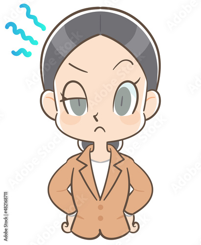 疑わしい様相でにらむスーツ姿の女性