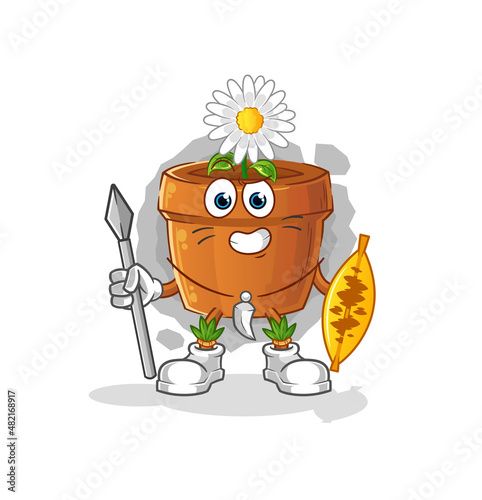 flower pot african tribal fighter mascot. cartoon vector