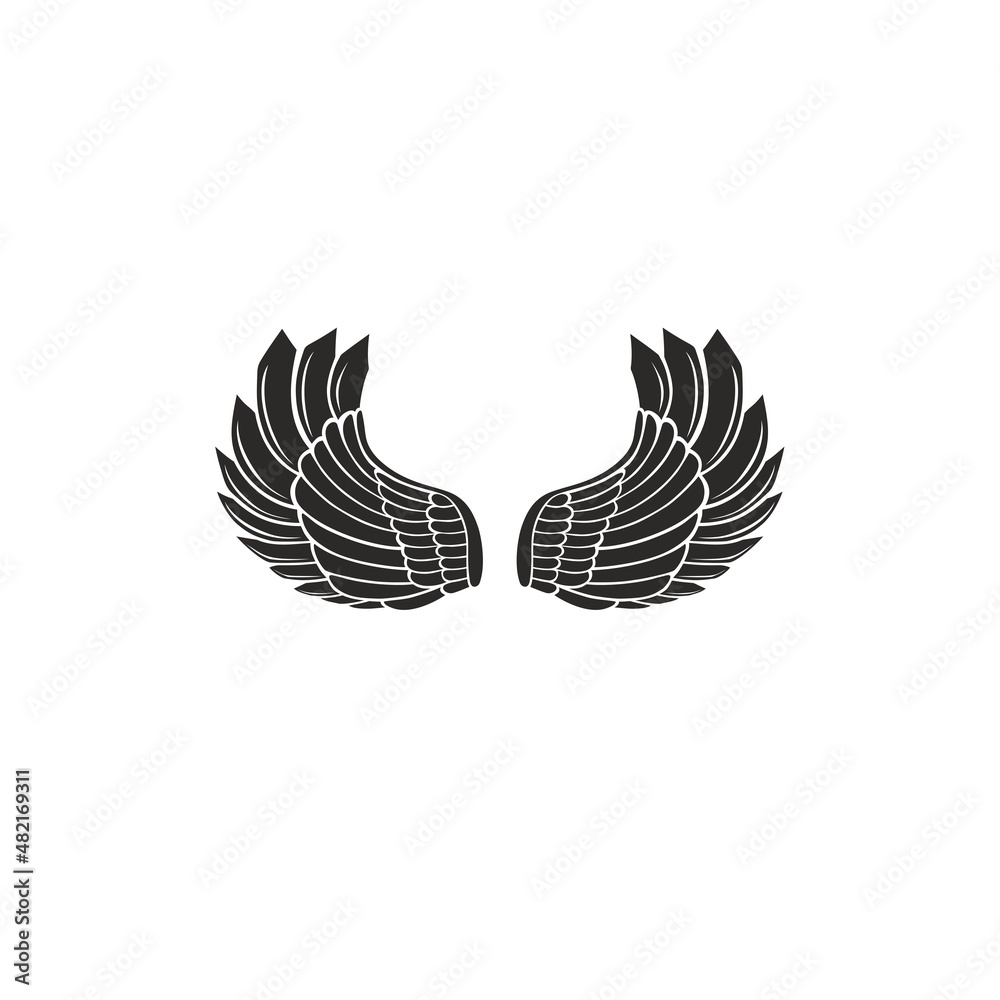 Black pair of spread out angel or eagle bird wings isolated on white background Black pair of spread out angel or eagle bird wings isolated on white background
