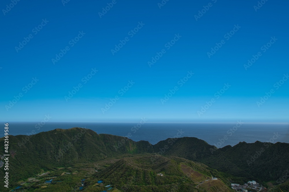 Panoramic landscape view of double volcanic island of Aogashima, Tokyo, Japan