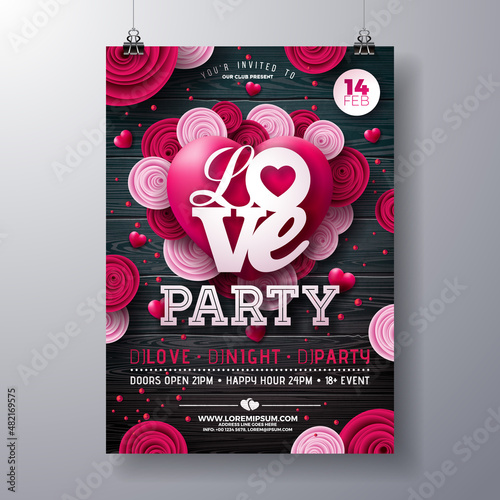 Vector Valentines Day Party Flyer Design with Rose Flower and Red Heart on Vintage Wood Background. Vector Saint Valentine Day Romantic Love Celebration Design for Flyer, Greeting Card, Banner