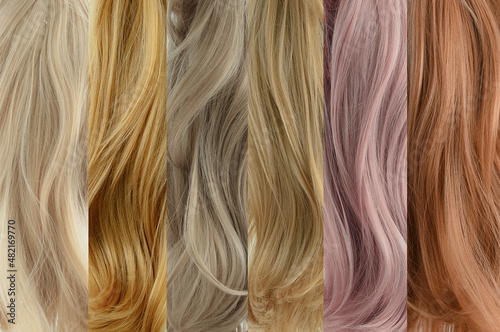 Six samples of blonde hair strands different shades. Hair coloring.