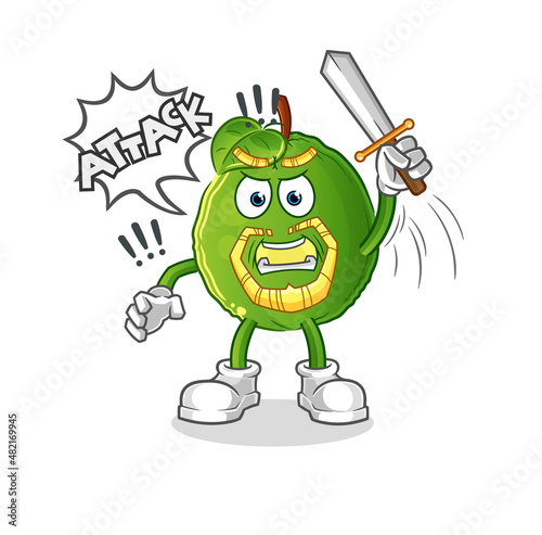 guava knights attack with sword. cartoon mascot vector