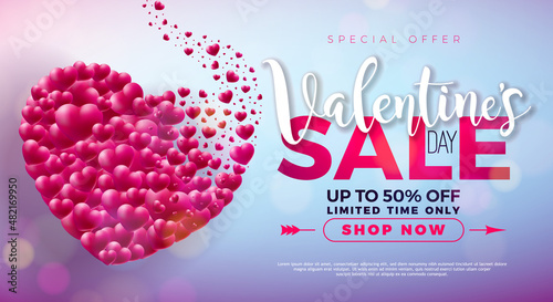 Valentines Day Special Offer Sale Design with Red Heart on Shiny Violet Background. Vector Special Offer Illustration for Coupon, Banner, Voucher or Promotional Poster. photo
