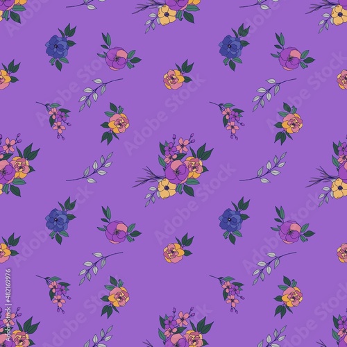 Vector seamless pattern. Very peri colors. Flowers and bouquets. Blooming flowers.