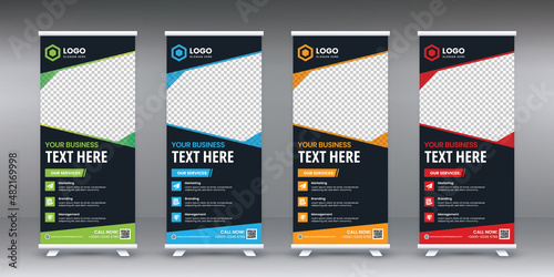Corporate rollup banner set, pull up, business flyer, display, x-banner, and flag-banner Set for your business, company, and restaurant with blue, red, yellow, green color