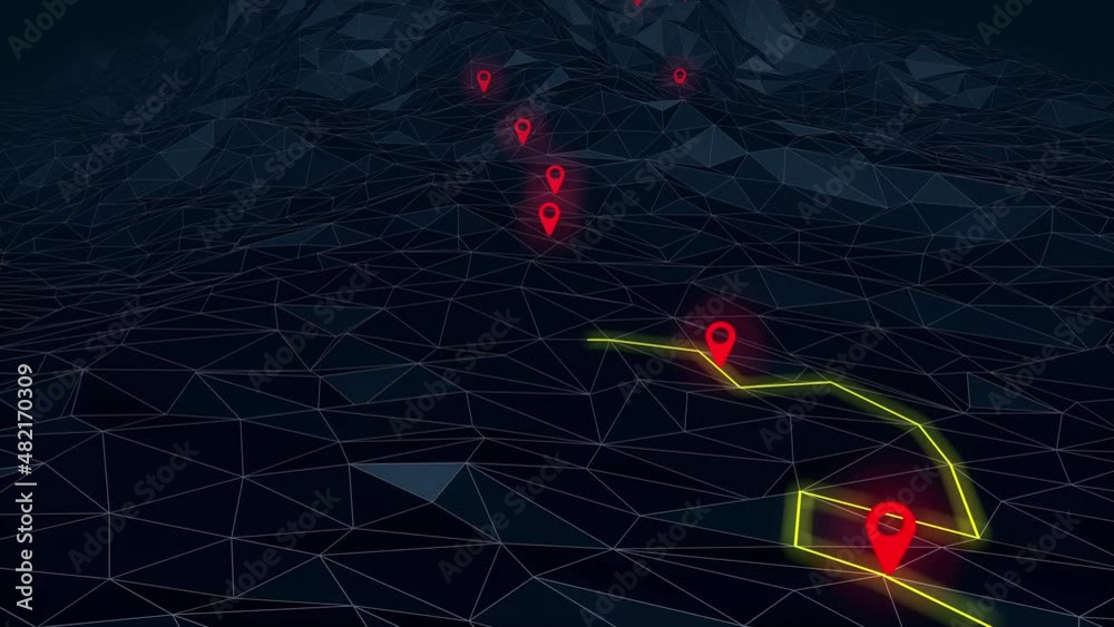 Overview of a winding hiking trail through the mountains with waypoints - 3d illustration