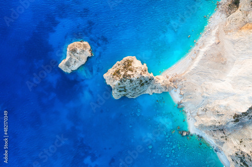 Greece landscape. Aerial seascape at the day time. Bay and rocks. Blue water background in the summer. Sea and beach. Travel and vacation image.