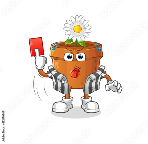 flower pot referee with red card illustration. character vector