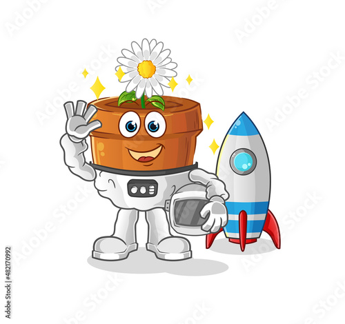 flower pot astronaut waving character. cartoon mascot vector