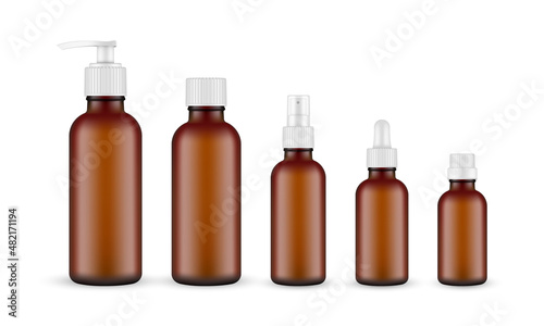 Set of Amber Bottles with Pump, Spray, Dropper for Cosmetic Products. Vector Illustration