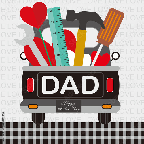 happy father's day card with car and tools