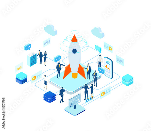 Isometric business environment. Business people, team working around  rocket, new business, start up, technology, computing, automatisation concept  