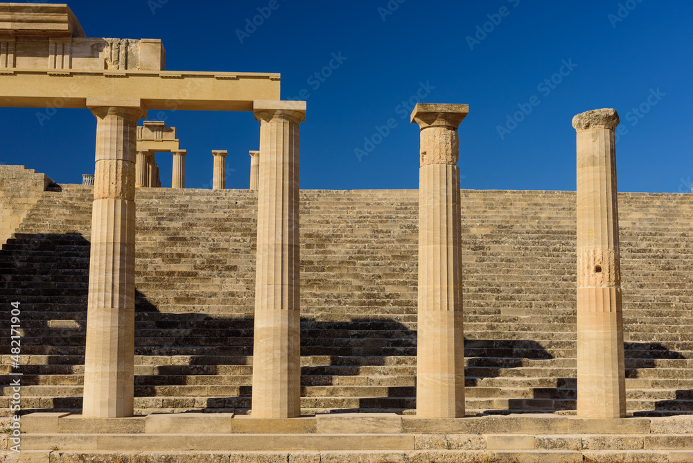 Fototapeta premium Sightseeing of Rhodes island. Ruins of ancient temple in Lindos, Rhodes island, Greece.