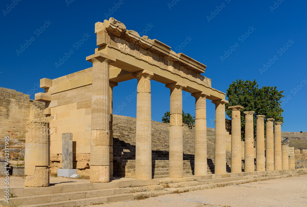 Fototapeta premium Sightseeing of Rhodes island. Ruins of ancient temple in Lindos, Rhodes island, Greece.
