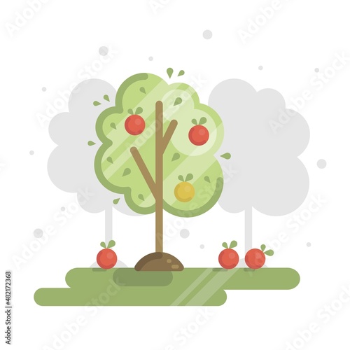 Flat math illustration with orchard and apple tree, ripe apples.