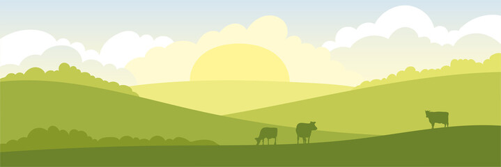 Acrylglasbilder Pistache Abstract rural landscape with cows. Vector illustration, fields and meadows  © imagination13