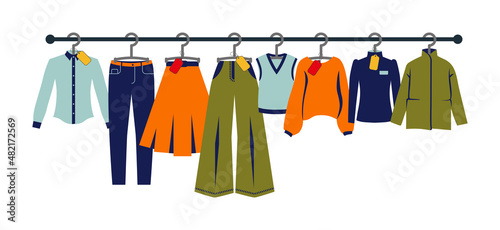 Flat vector illustration, set of women's clothes on a hanger with price tag. Clothing store, autumn and winter wardrobe. Shopping, store concept. Seasonal sale of clothes. Clothes collection icons set