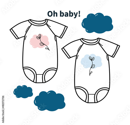 Elements of hand drawn baby Boy Girl clothes. Cartoon sketch style doodle for icon, banner.