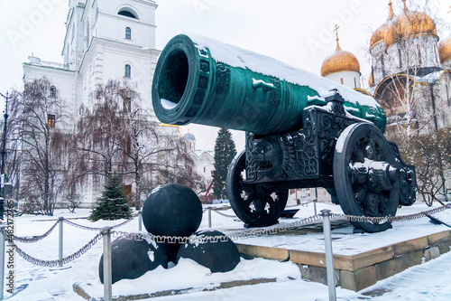 Tsar Cannon in Moscow Kremlin in Moscow, Russia. Winter scene Moscow Kremlin.