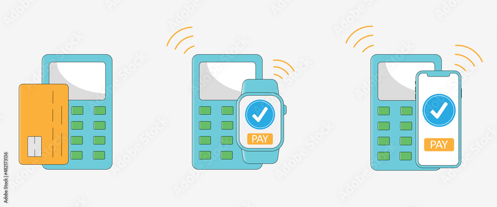 Pay for purchases in a store or supermarket with a credit or debit card. POS terminal confirming payment using a smartphone and smart watch. Pay for purchases in a store or supermarket with a credit or debit card. POS terminal confirming payment using a smartphone and smart watch.