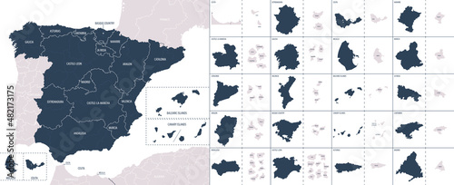 Vector color detailed map of Spain with the administrative divisions of the country, each Autonomous communities is presented separately and divided into autonomous cities and Provinces photo