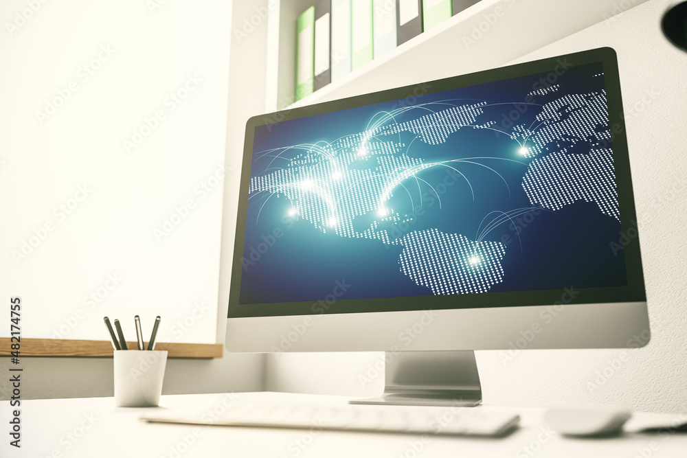 Modern computer monitor with abstract digital world map with connections, research and strategy concept. 3D Rendering Modern computer monitor with abstract digital world map with connections, research and strategy concept. 3D Rendering