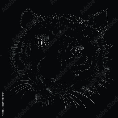 The Vector logo tiger for tattoo or T-shirt design or outwear.  Hunting style big cat print on black background. This hand drawing is for black fabric or canvas.