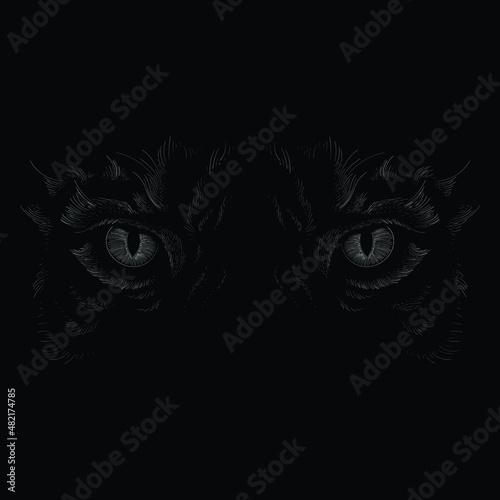 The Vector logo tiger for tattoo or T-shirt design or outwear.  Hunting style big cat print on black background. This hand drawing is for black fabric or canvas.