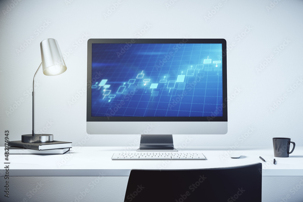 Modern computer display with abstract financial graph, financial and trading concept. 3D Rendering Modern computer display with abstract financial graph, financial and trading concept. 3D Rendering