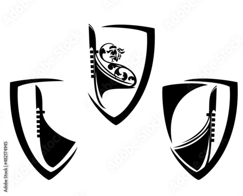 modern style heraldic shield with gondola boat decorative bow with rose flower - venetian symbol black and white vector silhouette design set