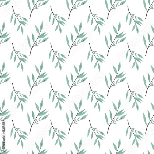 Fototapeta Naklejka Na Ścianę i Meble -  simple cute floral pattern - beautiful little green leaves of a plant on a white background